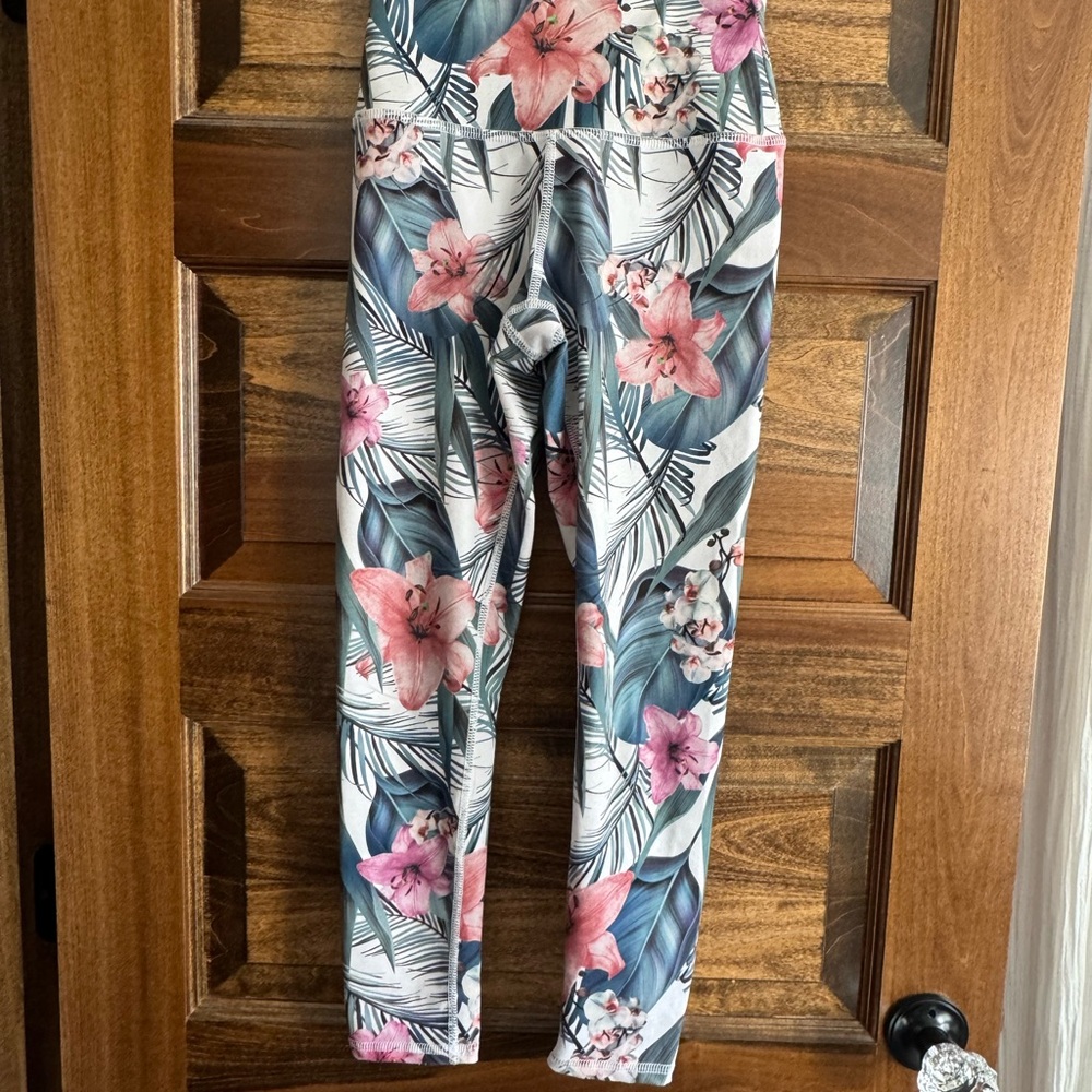 Evolution and Creation Floral Tropical Leggings in Pink, Green, White